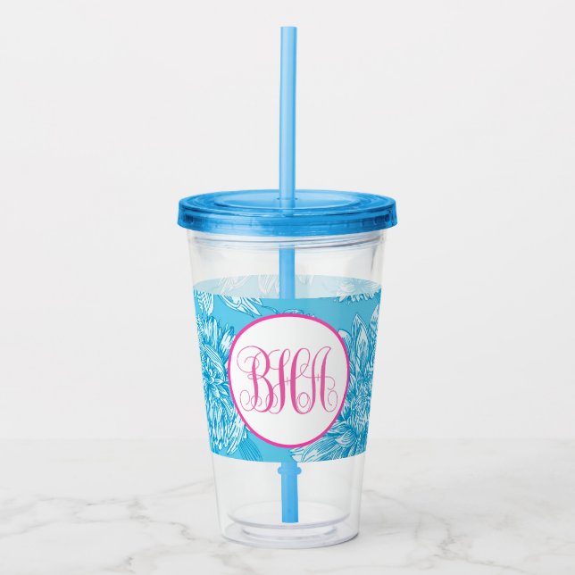 Blauer Blauer Flor und Monogramm Acryltrinkbecher (Vorderseite)