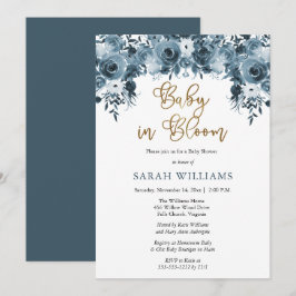 Blauer Blauer | Gold Baby in Blütendusche Einladung