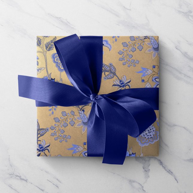 Blauer Blauer Gold Delicate Oriental Gold Foxier Geschenkpapier (Floral Blue Gold Delicate Oriental Gold Foxier Wrapping Paper)
