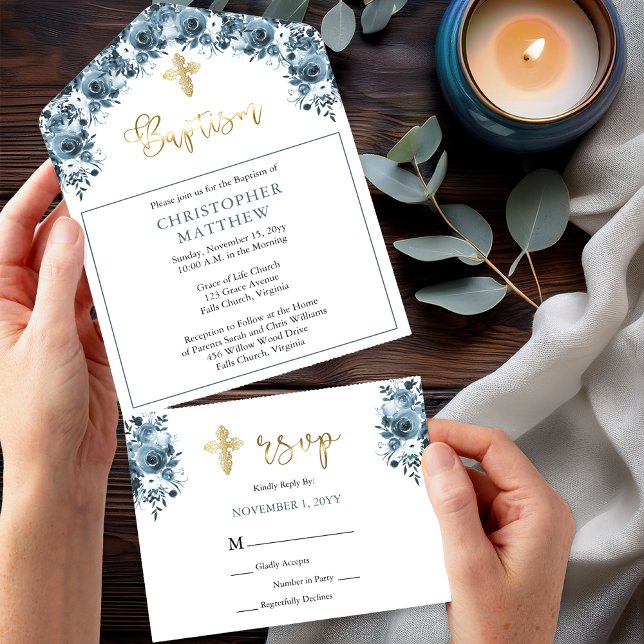 Blauer Blauer | Imitate Gold Boy Taufe All In One Einladung (Elegant Blue Watercolor Floral Faux Gold Accents Boy Baptism Invitation - All in One with RSVP)