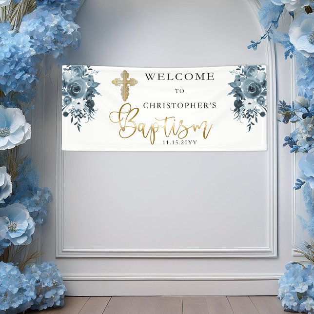 Blauer Blauer | Imitate Gold Boy Taufe Banner (Elegant Blue Watercolor Floral Faux Gold Boy Baptism Banner)