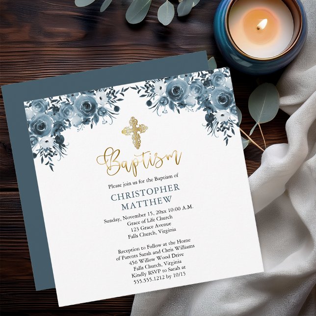 Blauer Blauer | Imitate Gold Boy Taufe Einladung (Elegant Blue Watercolor Floral Faux Gold Accents Boy Baptism Invitation - Print | Digital Download)