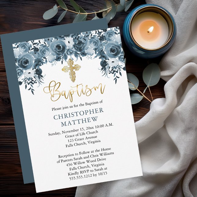 Blauer Blauer | Imitate Gold Boy Taufe Einladung (Elegant Blue Watercolor Floral Faux Gold Accents Boy Baptism Invitation - Print | Digital Download)