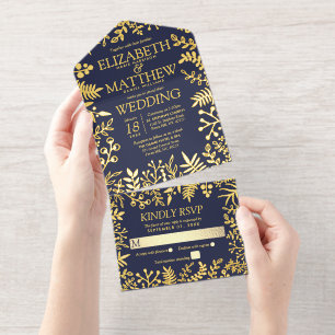 Blauer Blauer und Real-Gold-Foil gepresst Blumenho All-in-One-Einladung