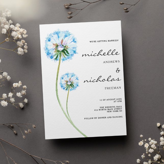 Blauer blaulila grüner Kronleuchter Einladung (Simple blue lilac green dandelion floral wedding)