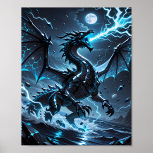 Blauer Blitz, Schwarzer Drache, Sturm-Fantasie Poster