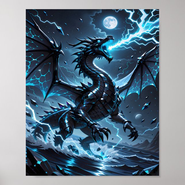 Blauer Blitz, Schwarzer Drache, Sturm-Fantasie Poster (Vorne)