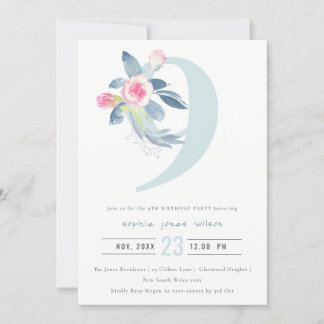 BLAUER BLUE BLUE FLORAL 9. ALTER GEBURTSTAG EINLADUNG