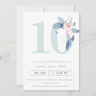 BLAUER BLUE FLORAL 10. ALTER GEBURTSTAG EINLADUNG
