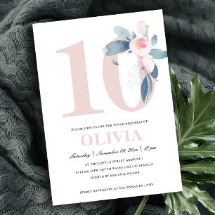BLAUER BLUE FLORAL 10. ALTER GEBURTSTAG EINLADUNG