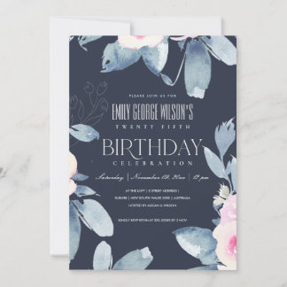 BLAUER BLUE FLORAL 25. ALTER GEBURTSTAG EINLADUNG