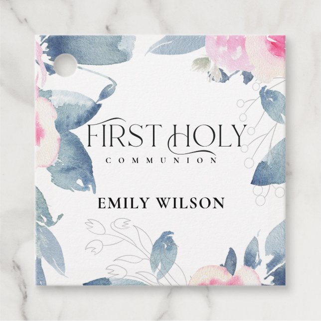 BLAUER BLUE FLORAL FRAME ERSTE HOLY COMMUNION GESCHENKANHÄNGER (Vorderseite)