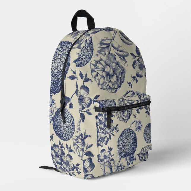 Blauer Blume Blumen Bedruckter Rucksack (Rückseitige Ecke links)