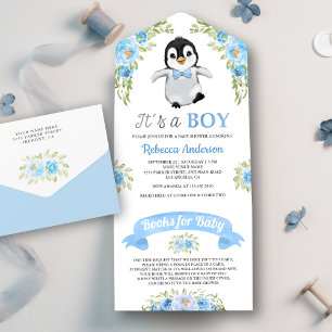 Blauer Blumen-Aquarell-Pinguin-Baby-Empfangsfeier All In One Einladung