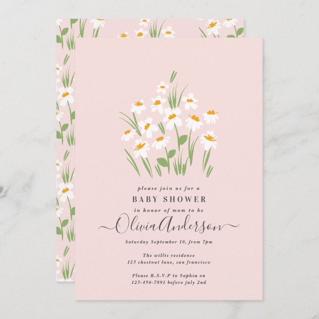 Blauer Blumen elegante Babydusche Einladung (Vorne/Hinten)