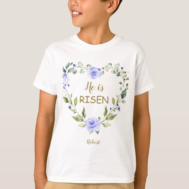 Blauer Blumen Er ist Risen Happy Oaster Typografie T-Shirt (Vorderseite)