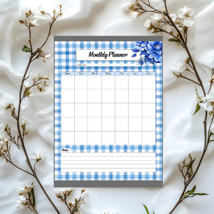 Blauer Blumen-Gingham _ Monatsplaner Notizblock