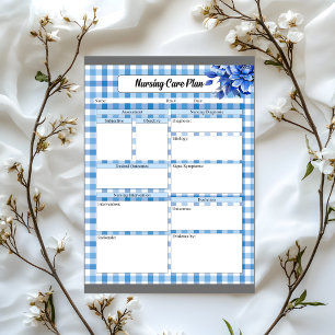Blauer Blumen-Gingham_ Pflegeplan Notizblock