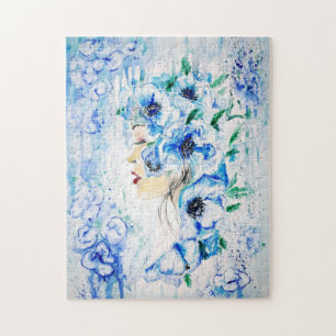 Blauer Blumen Girl Jigsaw Puzzle