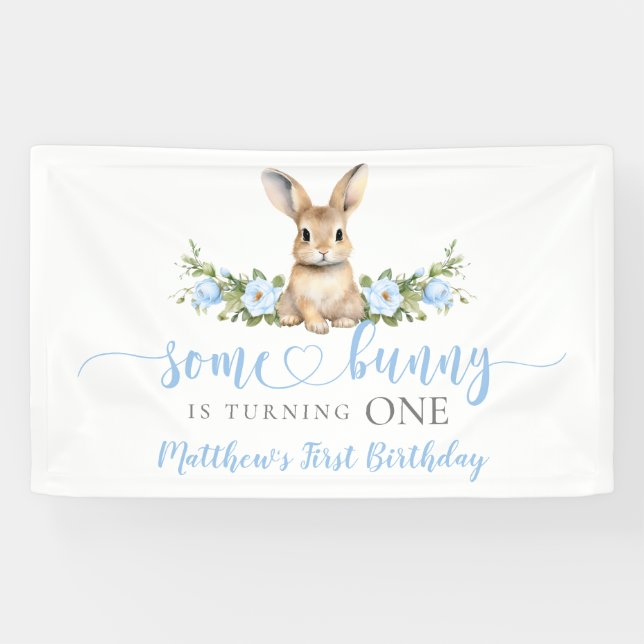 Blauer Blumen-Hasen-Frühling, ein Hase zum 1. Gebu Banner (Horizontal)