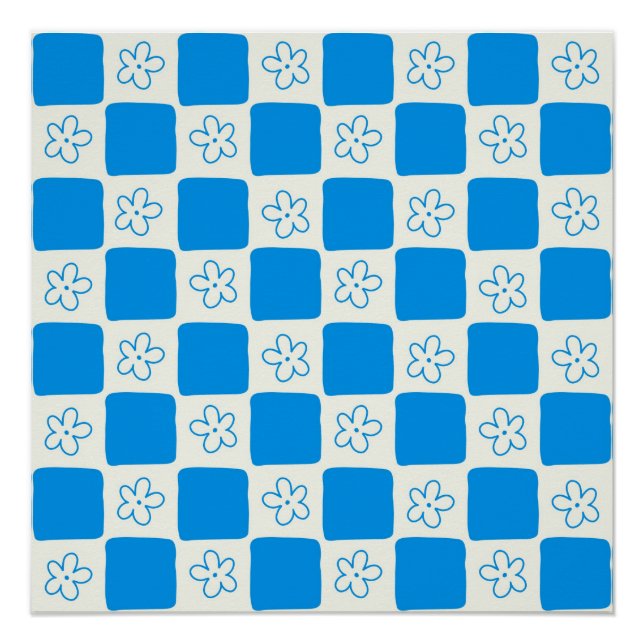 Blauer Blumen-Karomuster im Prepper-Stil Poster (Vorderseite)