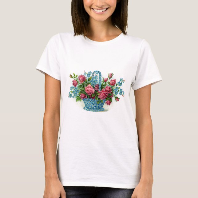 Blauer Blumen-Korb T-Shirt (Vorderseite)