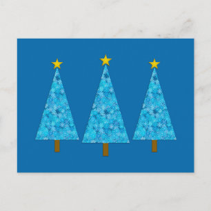 Blauer Blumen Retro Moderne Weihnachtsbäume Feiertagspostkarte