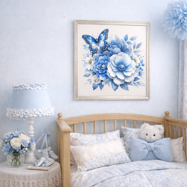 Blauer Blumen-Schmetterling-Cottage  Poster (Dusty and navy blue floral and butterfly wall art)