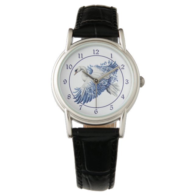 Blauer Blumen-Schwan Armbanduhr (Vorderseite)