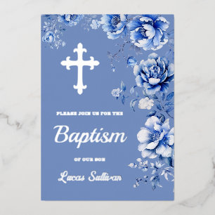 Blauer Blumen Taufe Folieneinladung
