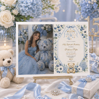 Blauer Blumen-Teddybär  Fünfzehnter Geburtstag  Einladung