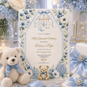 Blauer Blumen-Teddybär  Fünfzehnter Geburtstag  Einladung