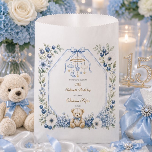 Blauer Blumen-Teddybär Fünfzehnter Geburtstag Geschenktütchen (Blue Floral Teddy Bear Fifteenth Birthday party Favor Bag
)