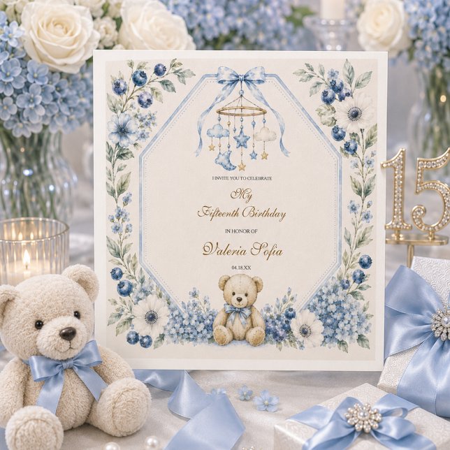 Blauer Blumen-Teddybär Fünfzehnter Geburtstag Serviette (Blue Floral Teddy Bear Fifteenth Birthday party Napkins
)