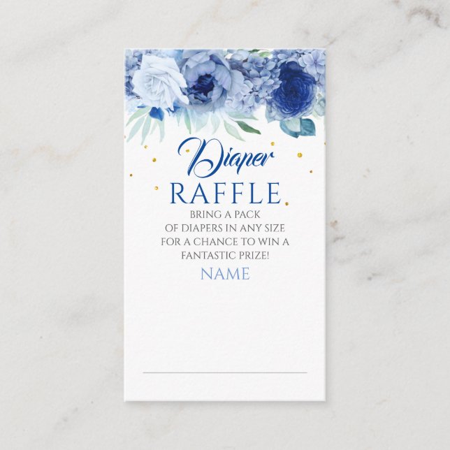 Blauer Blumen und Gold Dots Windeln Raffle Ticket Begleitkarte (Vorderseite)