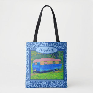 Blauer Blumen Vintage-Camper-Reiseanhänger