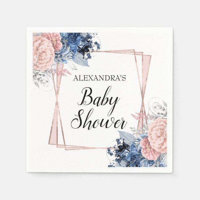 Blauer Blumenbaby Dusche Pink Geometric Serviette (Vorderseite)