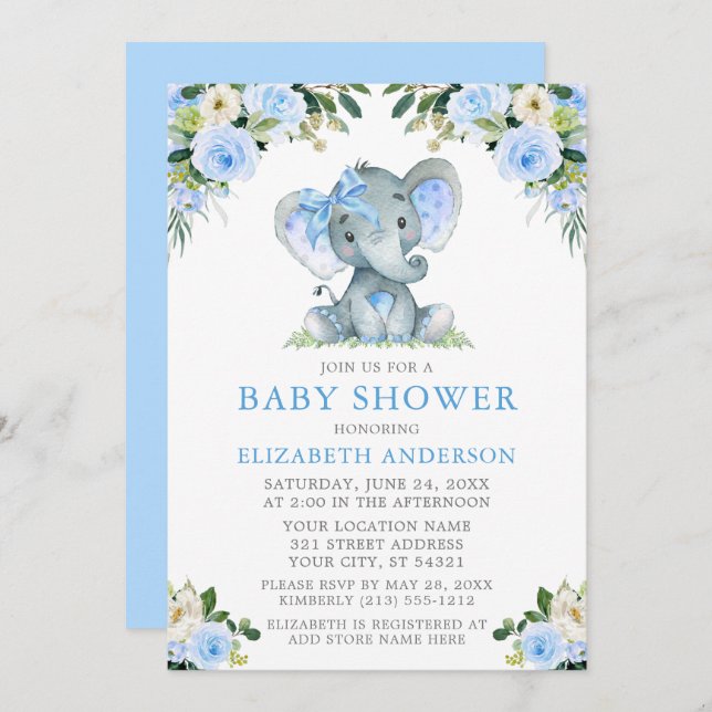 Blauer Blumenbabydusche Elephant Silver Einladung (Vorne/Hinten)