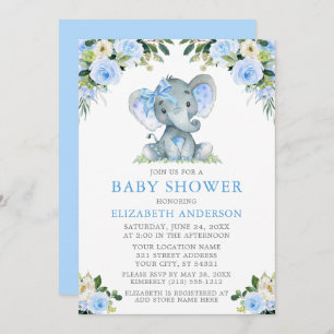 Blauer Blumenbabydusche Elephant Silver Einladung