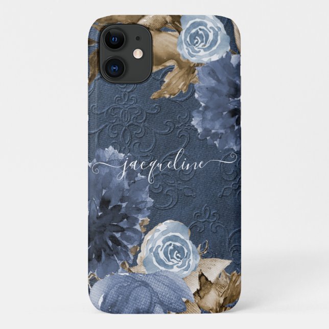 Blauer Blumenblättermonogramm Case-Mate iPhone Hülle (Rückseite)