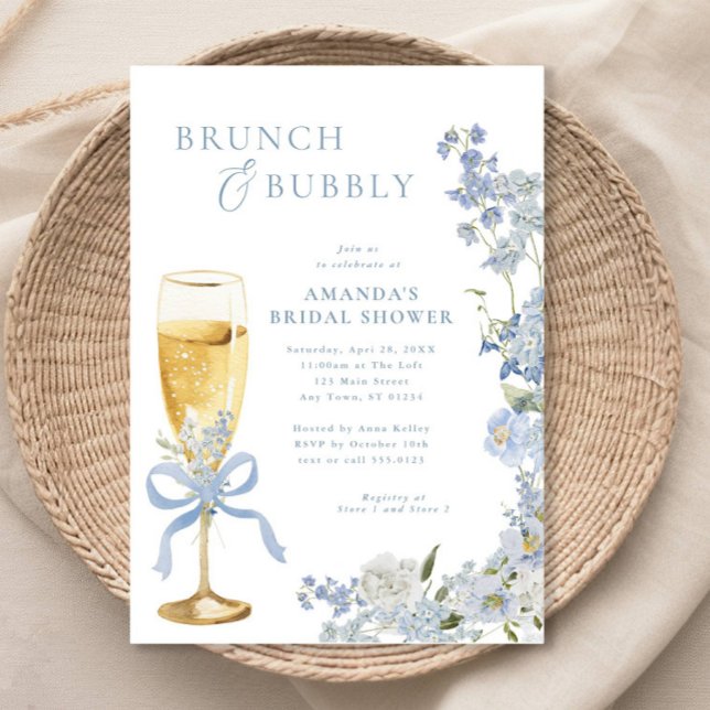 Blauer Blumenbrunch und knackiger Champagner Glass Einladung (Von Creator hochgeladen)
