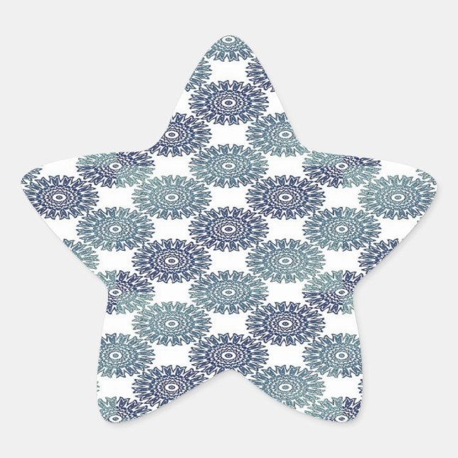 Blauer Blumendamast in Weiß Stern-Aufkleber (Vorderseite)