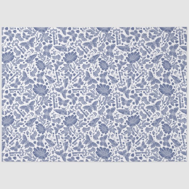 Blauer Blumenentwurf mit Vögeln und Schmetterlinge Seidenpapier (Vorderseite)