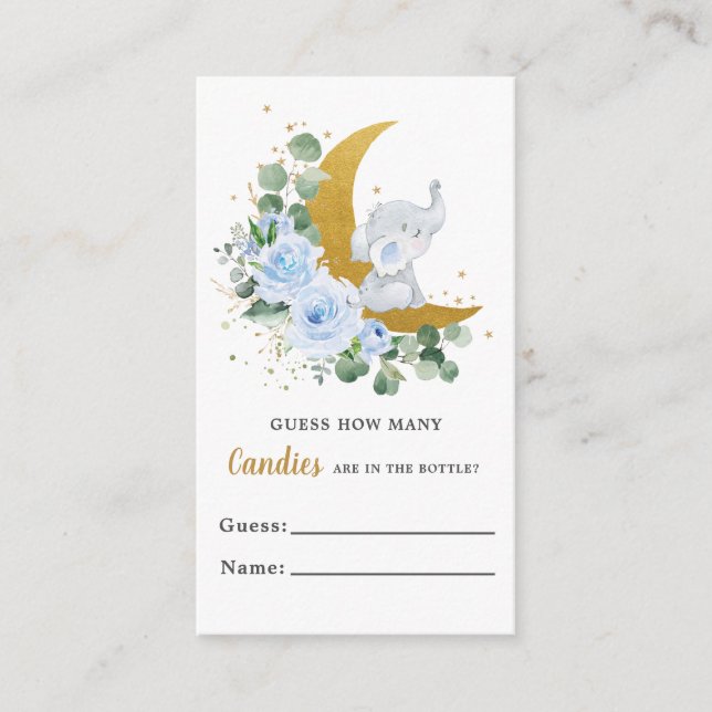 Blauer Blumengarten Elephant Guess Candies Spiel Begleitkarte (Vorderseite)