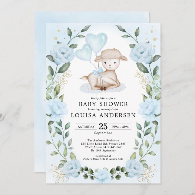 Blauer Blumengarten Little Lamb Baby Sheep Dusche Einladung (Vorne/Hinten)