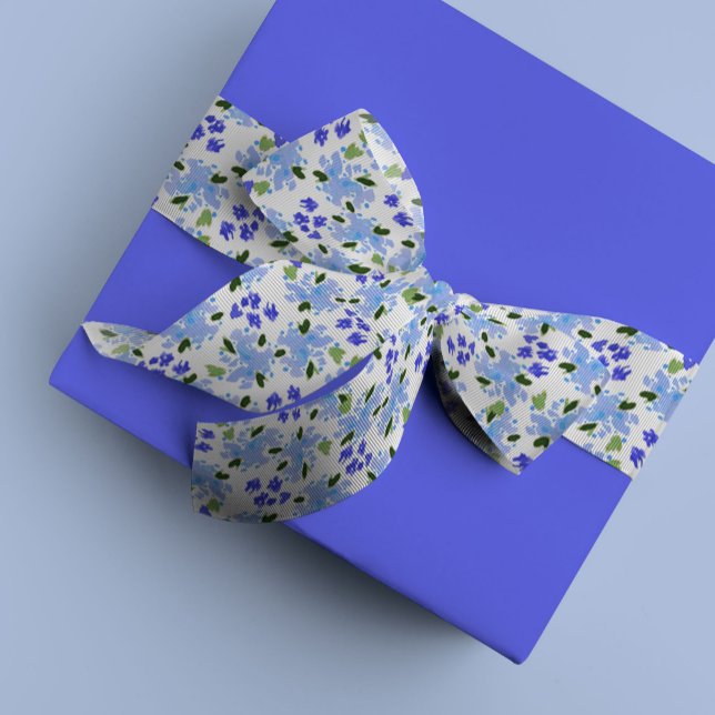 Blauer Blumengarten Satinband (Blue floral garden watercolor grosgrain or satin ribbon.)
