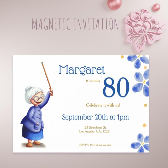 Blauer Blumengroßmutter mit Cane 80. Geburtstag Magneteinladung (Blue Floral Grandmother with Cane 80th Birthday Magnetic Invitation )