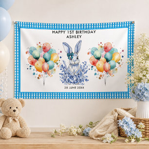 Blauer Blumenhase zum 1. Geburtstag für Kinder Banner