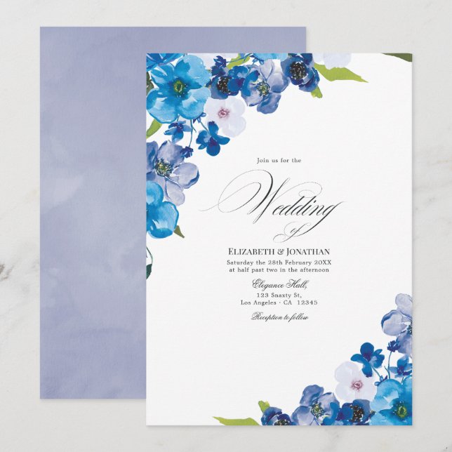 Blauer Blumenhochzeit Einladung (Vorne/Hinten)