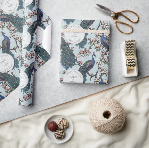 Blauer Blumenhochzeits-Pfau Geschenkpapier
